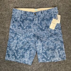 Tommy Bahama Shorts Blue Floral AOP Striped Mens 36 Linen Blend Flat Front Csual